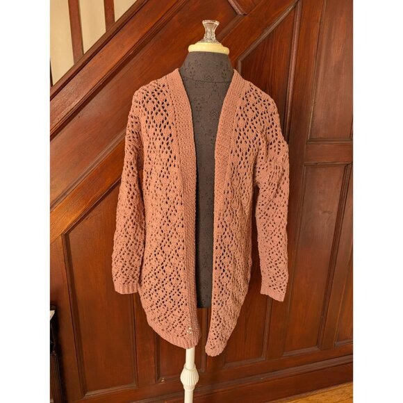 moon & madison Sweaters - Crochet Open-Front Cardigan Sweater By Moon & Madison XS Womens Knitwear Pink